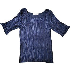 Vintage Women's Jeannette Miner Pleated Blouse Navy Blue Top Half‎ Sleeve Shirt